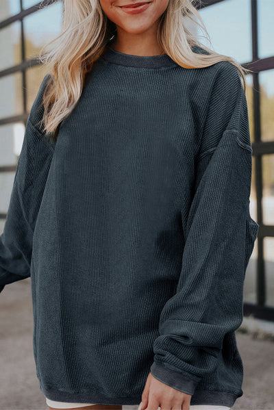 Dark Grey Ribbed Corded Oversized Sweatshirt-Tops-MomFashion