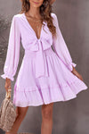 Deep V Neck Lantern Sleeve Knotted Tiered Mini Dress-Dresses-MomFashion