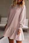 Dusty Pink Solid Color Puff Sleeve Ruffle Hem Mini Dress-Dresses-MomFashion