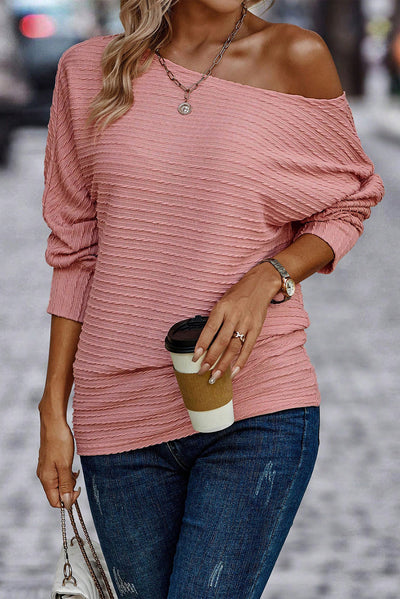 Dusty Pink Textured Knit Long Sleeve Top-Tops-MomFashion