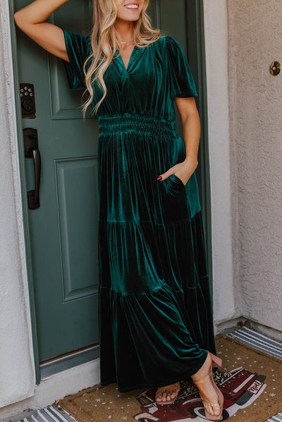 Evergreen Velvet Short Sleeve Shirred Waist Tiered Maxi Dress-Dresses/Maxi Dresses-MomFashion