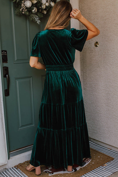 Evergreen Velvet Short Sleeve Shirred Waist Tiered Maxi Dress-Dresses/Maxi Dresses-MomFashion