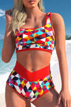 Fiery Red 2pcs Geometric Print Notch High Waisted Bikini-Swimwear-MomFashion