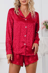 Fiery Red 2pcs Satin Leopard Long Sleeve Top and Shorts Lounge Set-Loungewear-MomFashion