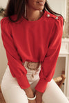 Fiery Red Button Tab Detail Long Sleeve Top-Tops-MomFashion