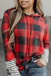 Fiery Red Christmas Plaid Striped Patchwork Drawstring Hoodie-Tops-MomFashion