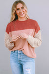 Fiery Red Color Block Long Sleeve Ribbed Loose Top-Tops-MomFashion