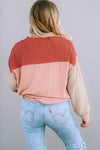 Fiery Red Color Block Long Sleeve Ribbed Loose Top-Tops-MomFashion