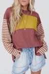 Fiery Red Colorblock Striped Bishop Sleeve Top-Tops-MomFashion