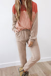 Fiery Red Corded 2pcs Colorblock Pullover and Pants Outfit-Loungewear-MomFashion