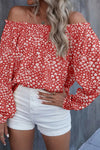 Fiery Red Floral Print Frill Trim Off-shoulder Lantern Sleeve Blouse-Tops-MomFashion