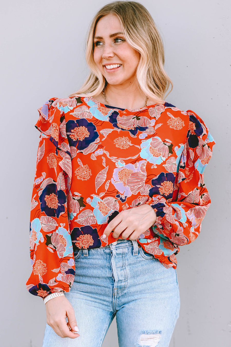 Fiery Red Floral Print Ruffle Puff Sleeve Blouse-Tops-MomFashion