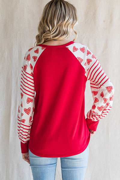 Fiery Red Heart Striped Raglan Sleeve Henley Top-Tops-MomFashion