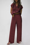 Fiery Red Knitted V Neck Sweater and Casual Pants Set-Loungewear-MomFashion