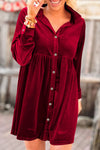 Fiery Red Long Sleeve Ruffle Velvet Button Up Dress-Dresses-MomFashion