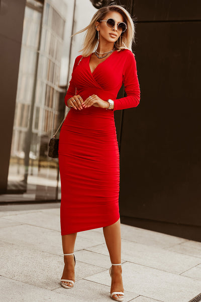 Fiery Red Long Sleeves Wrap V Neck Ruched Sheath Bodycon Dress-Dresses-MomFashion