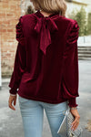 Fiery Red Mock Neck Puff Sleeve Velvet Blouse-Tops-MomFashion