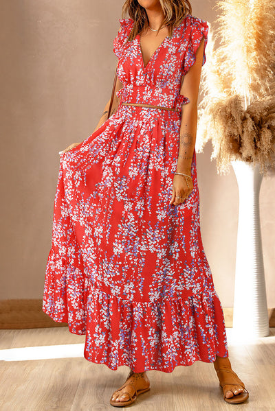 Fiery Red Multicolor Floral Ruffled Crop Top and Maxi Skirt Set-Dresses-MomFashion