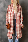 Fiery Red Plaid Print Button Long Shacket-Outerwear-MomFashion