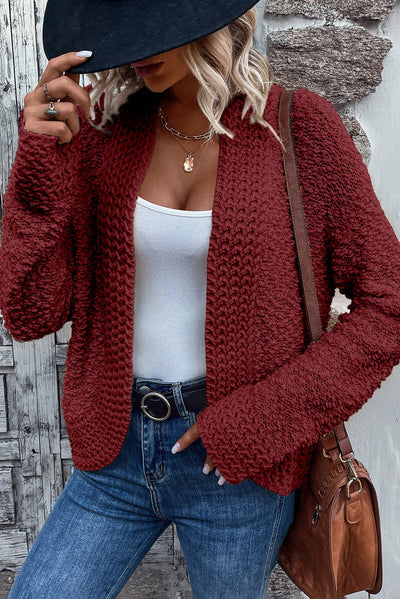 Fiery Red Popcorn Knit Open Front Cardigan-Tops-MomFashion