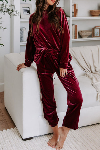 Fiery Red Solid Velvet Two Piece Lounge Set-Loungewear-MomFashion