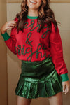 Fiery Red Tinsel Merry & Bright Graphic Contrast Trim Sweater-Tops-MomFashion