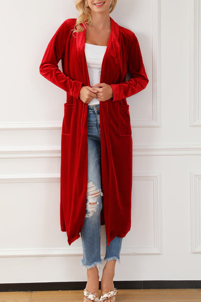 Fiery Red Velvet Open Front Pocketed Long Duster-Tops-MomFashion