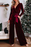 Fiery Red Velvet Pocketed Cut out Back Wide Leg Jumpsuit-Bottoms-MomFashion