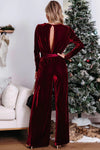 Fiery Red Velvet Pocketed Cut out Back Wide Leg Jumpsuit-Bottoms-MomFashion