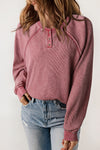 Fiery Red Waffle Knit Raglan Sleeve Henley Sweatshirt-Tops-MomFashion