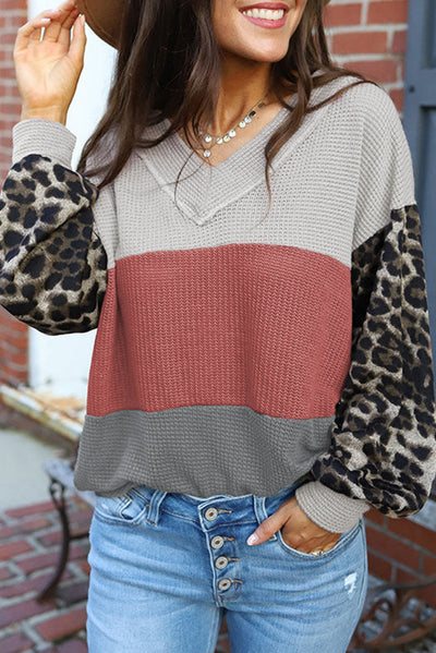 Fiery Red Wild Leopard Contrast Sleeve Colorblock Waffle Knit Top-Tops-MomFashion