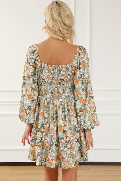 Floral Print Smocked Back Puff Sleeve Mini Dress-Dresses-MomFashion