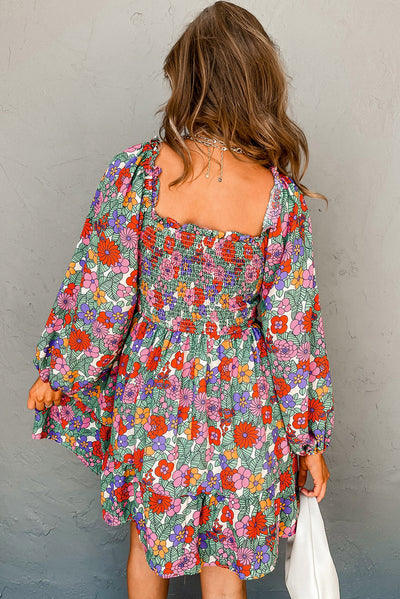 Floral Smocked Bust Square Neck Ruffled Dress-Dresses-MomFashion