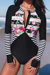 Floral Striped Patchwork Rashguard One-piece Swimsuit-Swimwear-MomFashion