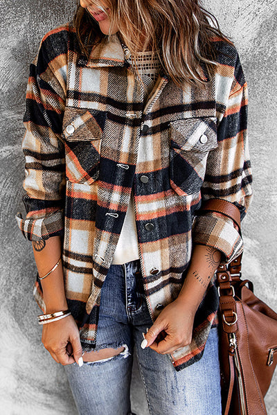 Geometric Plaid Print Pocketed Shacket-Outerwear-MomFashion