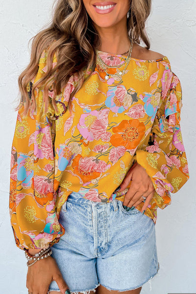 Ginger Floral Print Ruffle Puff Sleeve Blouse-Tops-MomFashion