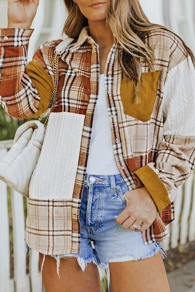 Gold Brick Plus Size Plaid Patchwork Button up Shacket-Plus Size-MomFashion