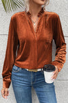 Gold Flame Frilled Collar Velvet Shirt-Tops-MomFashion