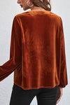 Gold Flame Lantern Sleeve Beaded Split V Neck Velvet Top-Tops-MomFashion