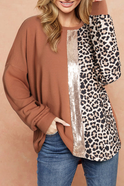 Gold Flame Leopard Print Sequin Colorblock Long Sleeve Top-Tops-MomFashion