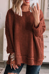 Gold Flame Solid Color Textured Crew Neck Loose Sweater-Tops-MomFashion