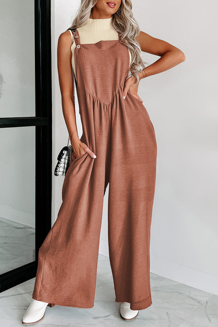 Gold Flame Textured Buttoned Straps Ruched Wide Leg Jumpsuit-Bottoms-MomFashion