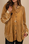 Gold Solid Color Button Up Loose Fit Velvet Shirt-Tops-MomFashion