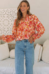 Grapefruit Orange Frilled Split Neck Bubble Sleeve Floral Blouse-Tops-MomFashion