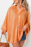 Grapefruit Orange Solid Color Crinkled Wide Sleeve Button up Shirt-Tops-MomFashion