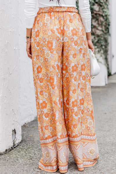 Grapefruit Orange Tie Waist Boho Floral Wide Leg Pants-Bottoms-MomFashion