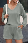 Grass Green Corded V Neck Slouchy Top Pocketed Shorts Set-Loungewear-MomFashion