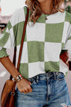Grass Green Mix Checkered Print Shirred Cuffs Blouse-Tops-MomFashion
