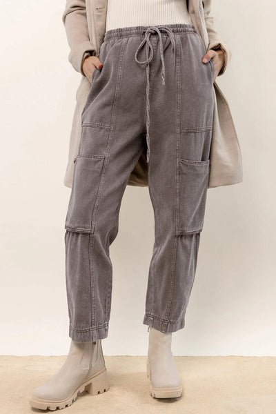 Gray Acid Wash Multi Pocket Drawstring Waist Pants-Bottoms-MomFashion