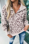 Gray Animal Print Zipped Collared Sweater-Tops-MomFashion